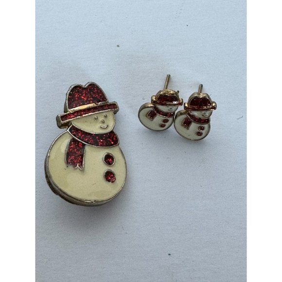 Christmas Snowman Earrings and Brooch Pin Set Red Sparkle Glitter Scarf Holidays - Picture 3 of 12